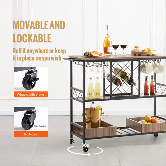 3-Tier Rolling Bar Cart with Wine Rack & Glass Holder, 136 kg Capacity