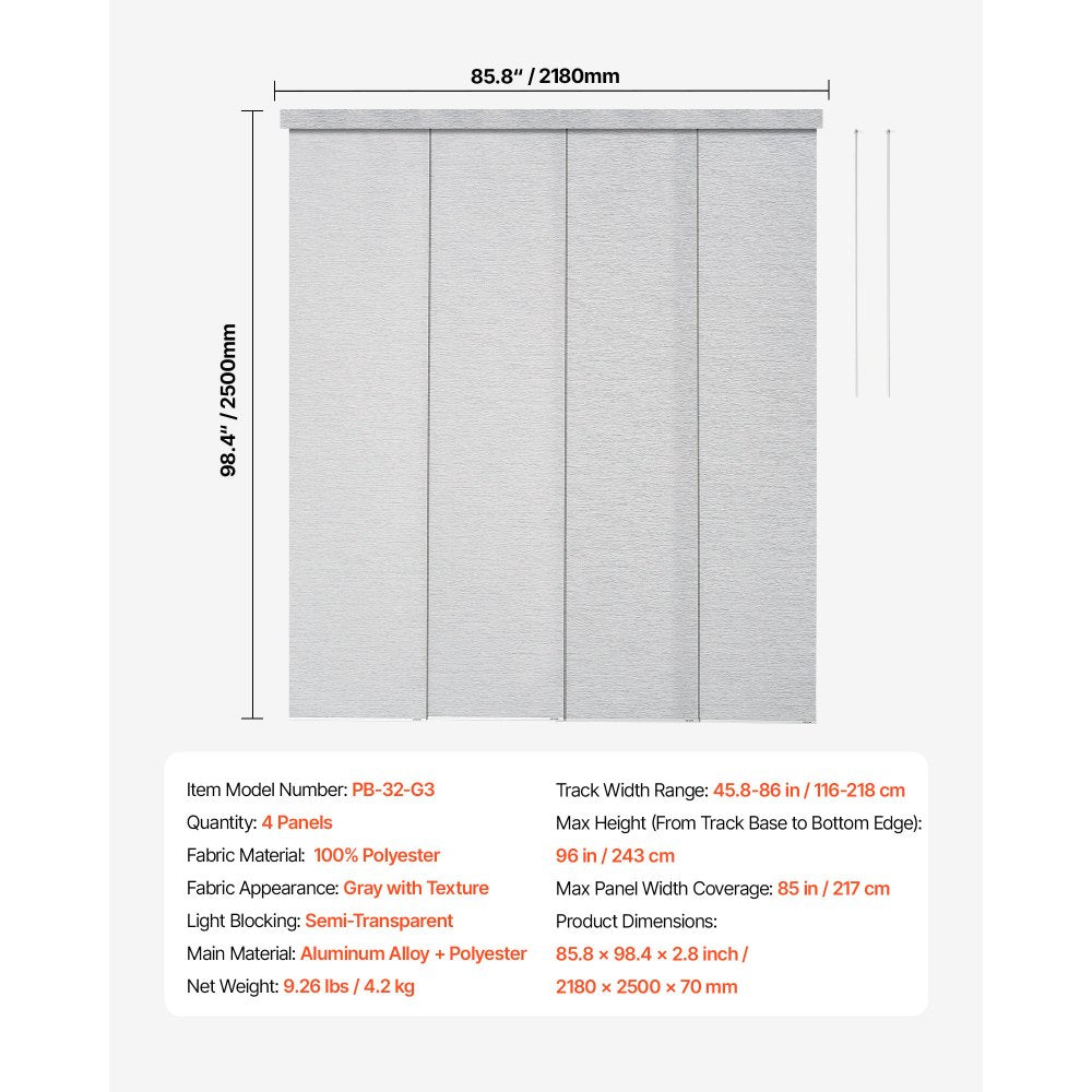 VEVOR Panel Track Blinds Extendable Track 116 cm to 218 cm W Trimmable Gray