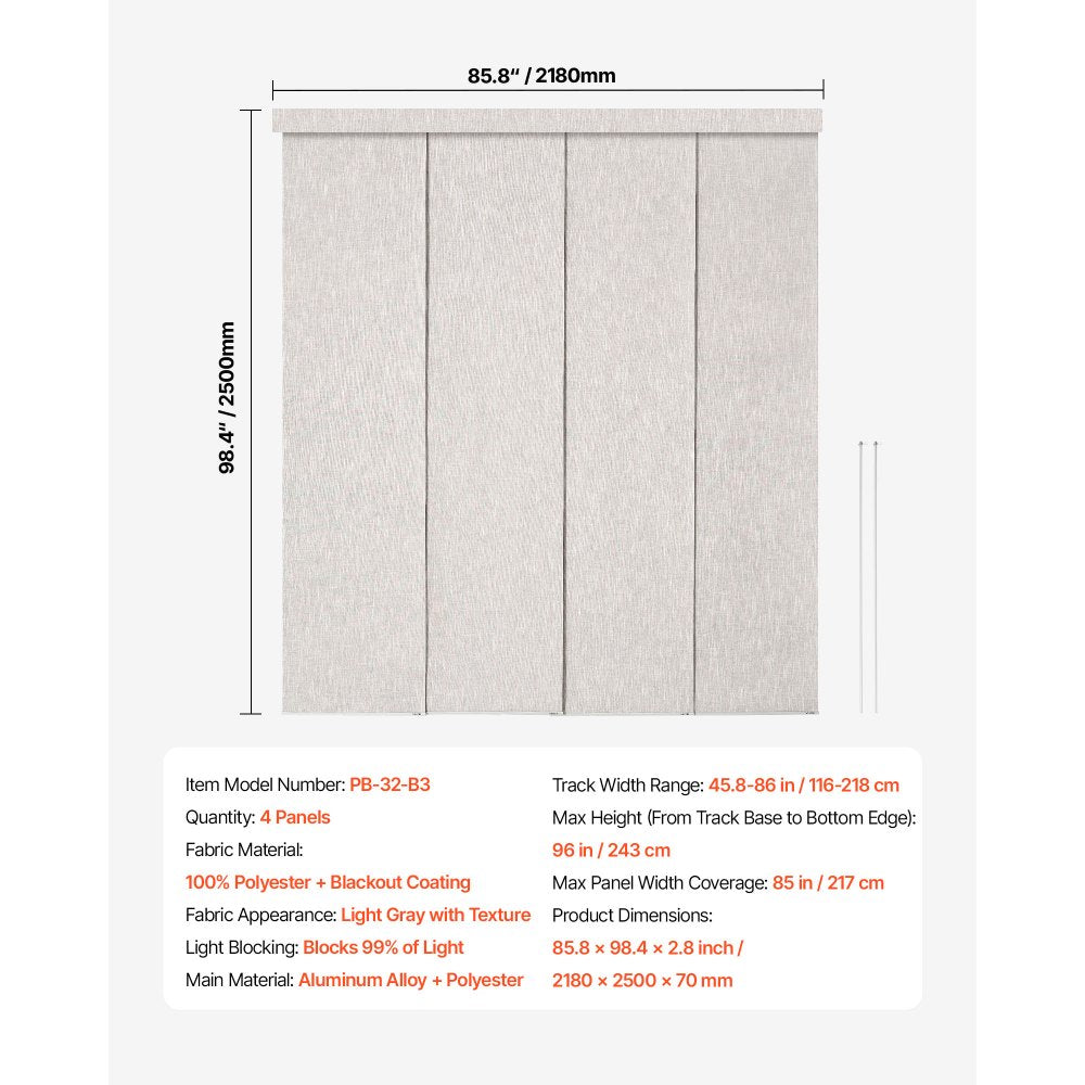 VEVOR Panel Track Blinds Extendable Track 116 to 218 cm W Trimmable Light Gray