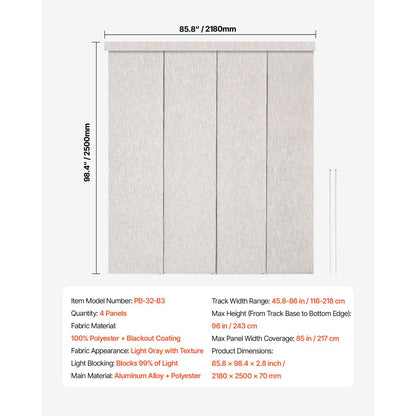 VEVOR Panel Track Blinds Extendable Track 116 to 218 cm W Trimmable Light Gray