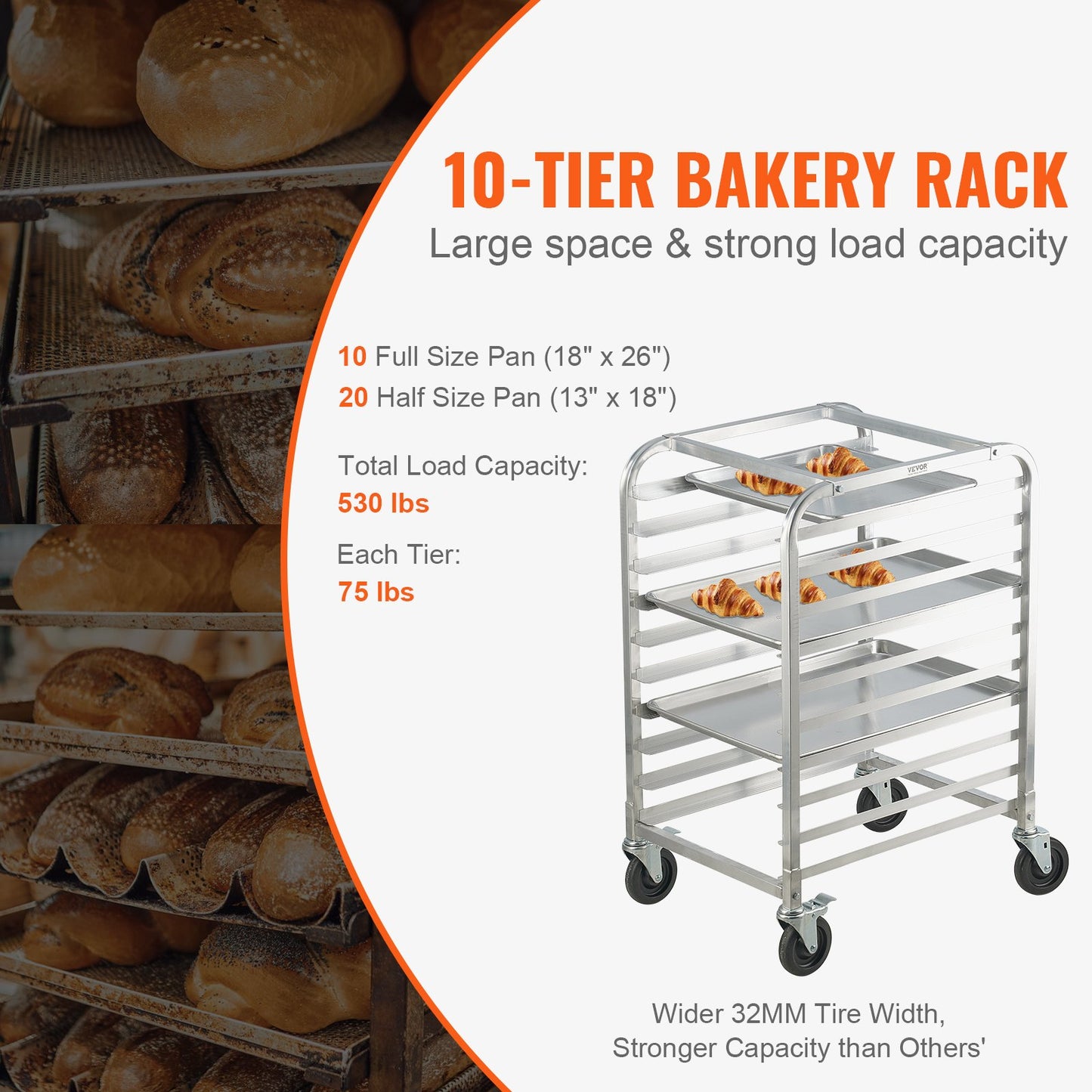 VEVOR Bun Pan Rack, 10-Tier Commercial Bakery Racks with Brake Wheels, Aluminum