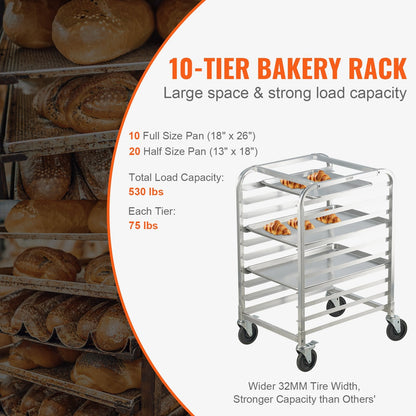 10-Tier Aluminum Bakery Rack with Brake Wheels, 0.66 x 0.52 x 0.99 m