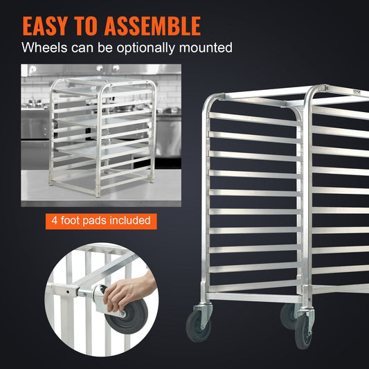 10-Tier Aluminum Bakery Rack with Brake Wheels, 0.66 x 0.52 x 0.99 m