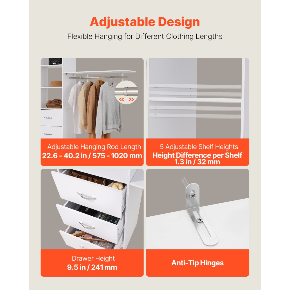 Closet System with 3 Drawers, Adjustable Height Wooden Closet Organizers, Modern Walk-in Wardrobe Organization with 3 Retractable Clothes Hanger Rods, Freestanding Garment Rack Storage, White