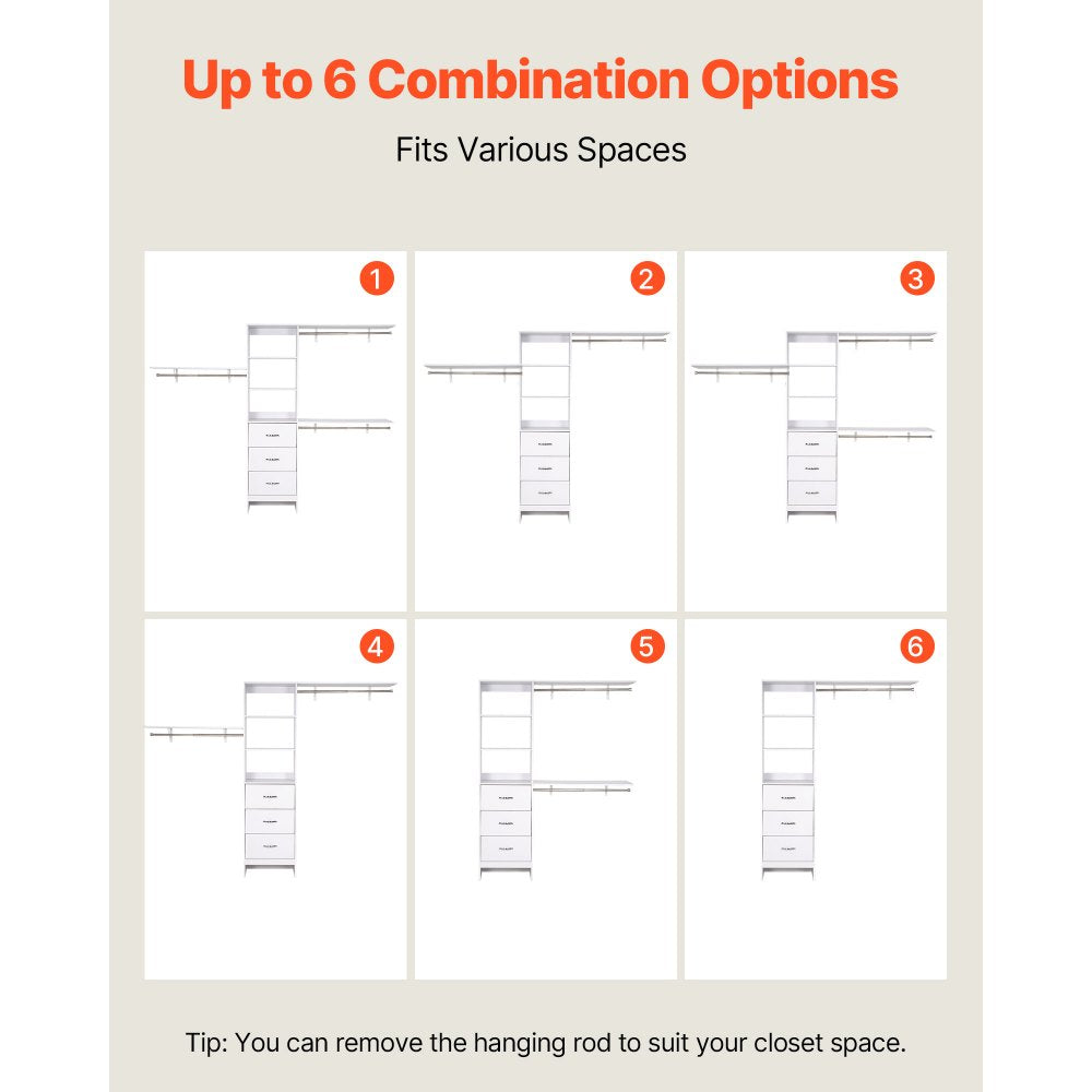 Closet System with 3 Drawers, Adjustable Height Wooden Closet Organizers, Modern Walk-in Wardrobe Organization with 3 Retractable Clothes Hanger Rods, Freestanding Garment Rack Storage, White