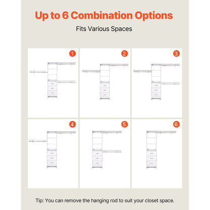 Closet System with 3 Drawers, Adjustable Height Wooden Closet Organizers, Modern Walk-in Wardrobe Organization with 3 Retractable Clothes Hanger Rods, Freestanding Garment Rack Storage, White