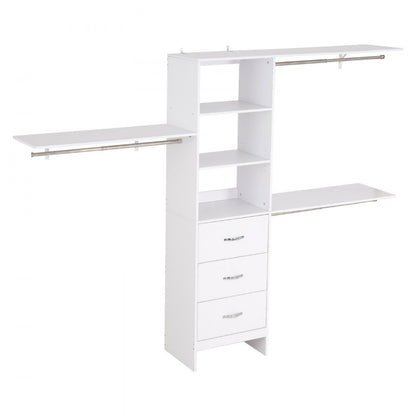 Closet System with 3 Drawers, Adjustable Height Wooden Closet Organizers, Modern Walk-in Wardrobe Organization with 3 Retractable Clothes Hanger Rods, Freestanding Garment Rack Storage, White