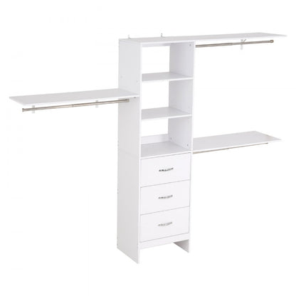 Closet System with 3 Drawers, Adjustable Height Wooden Closet Organizers, Modern Walk-in Wardrobe Organization with 3 Retractable Clothes Hanger Rods, Freestanding Garment Rack Storage, White