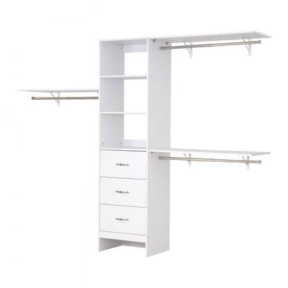 Closet System with 3 Drawers, Adjustable Height Wooden Closet Organizers, Modern Walk-in Wardrobe Organization with 3 Retractable Clothes Hanger Rods, Freestanding Garment Rack Storage, White