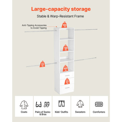 Closet System with 3 Drawers, Adjustable Height Wooden Closet Organizers, Modern Walk-in Wardrobe Organization with 4 Retractable Clothes Hanger Rods, Freestanding Garment Rack Storage, White