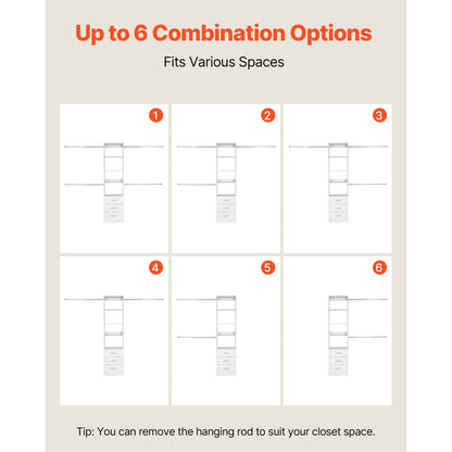 Closet System with 3 Drawers, Adjustable Height Wooden Closet Organizers, Modern Walk-in Wardrobe Organization with 4 Retractable Clothes Hanger Rods, Freestanding Garment Rack Storage, White