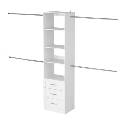 Closet System with 3 Drawers, Adjustable Height Wooden Closet Organizers, Modern Walk-in Wardrobe Organization with 4 Retractable Clothes Hanger Rods, Freestanding Garment Rack Storage, White