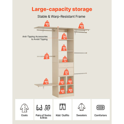 Closet System with 2 Drawers, Adjustable Height Wooden Closet Organizers, Modern Walk-in Wardrobe Organization with 5 Retractable Clothes Hanger Rods, Freestanding Garment Rack Storage, Grey