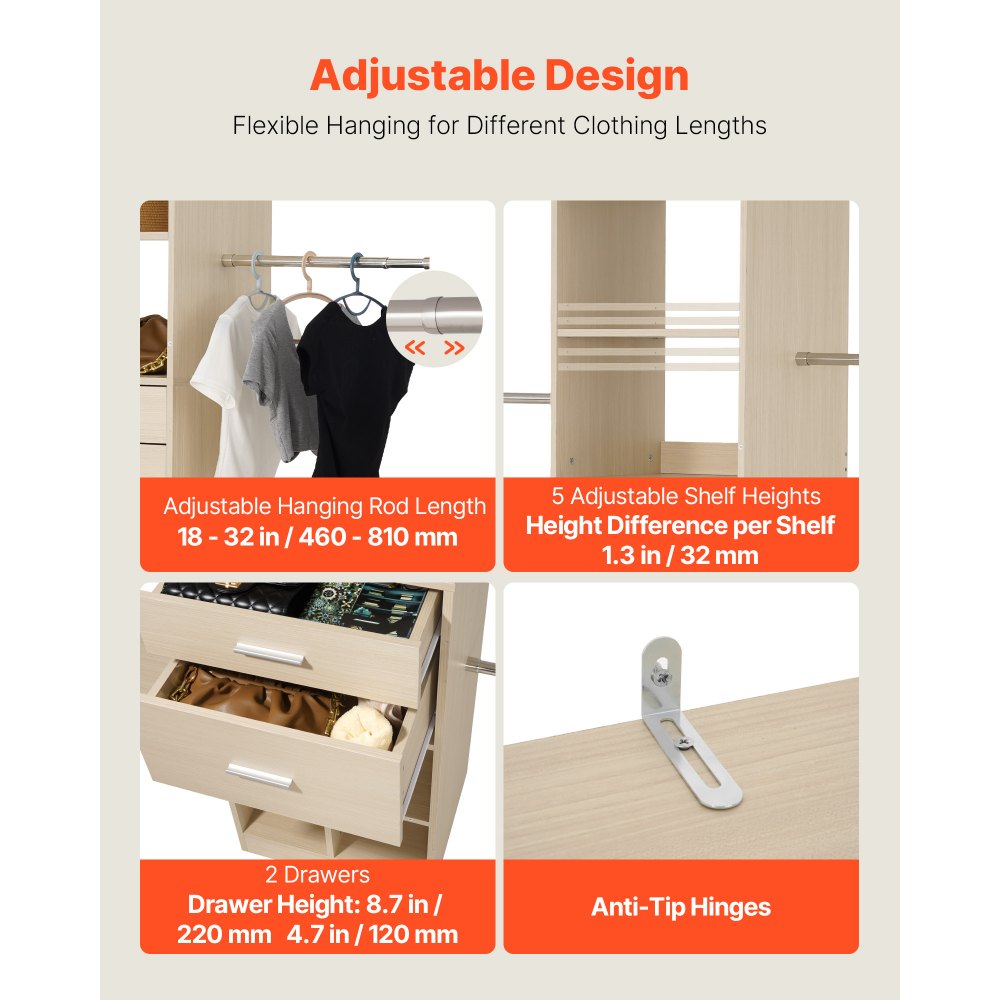 Closet System with 2 Drawers, Adjustable Height Wooden Closet Organizers, Modern Walk-in Wardrobe Organization with 5 Retractable Clothes Hanger Rods, Freestanding Garment Rack Storage, Grey