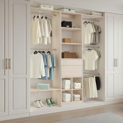 Closet System with 2 Drawers, Adjustable Height Wooden Closet Organizers, Modern Walk-in Wardrobe Organization with 5 Retractable Clothes Hanger Rods, Freestanding Garment Rack Storage, Grey