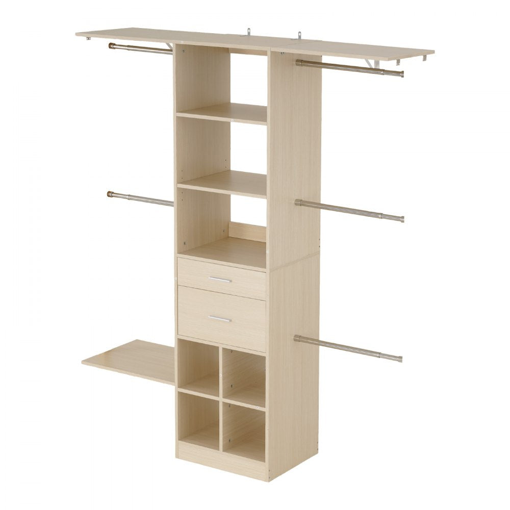 Closet System with 2 Drawers, Adjustable Height Wooden Closet Organizers, Modern Walk-in Wardrobe Organization with 5 Retractable Clothes Hanger Rods, Freestanding Garment Rack Storage, Grey