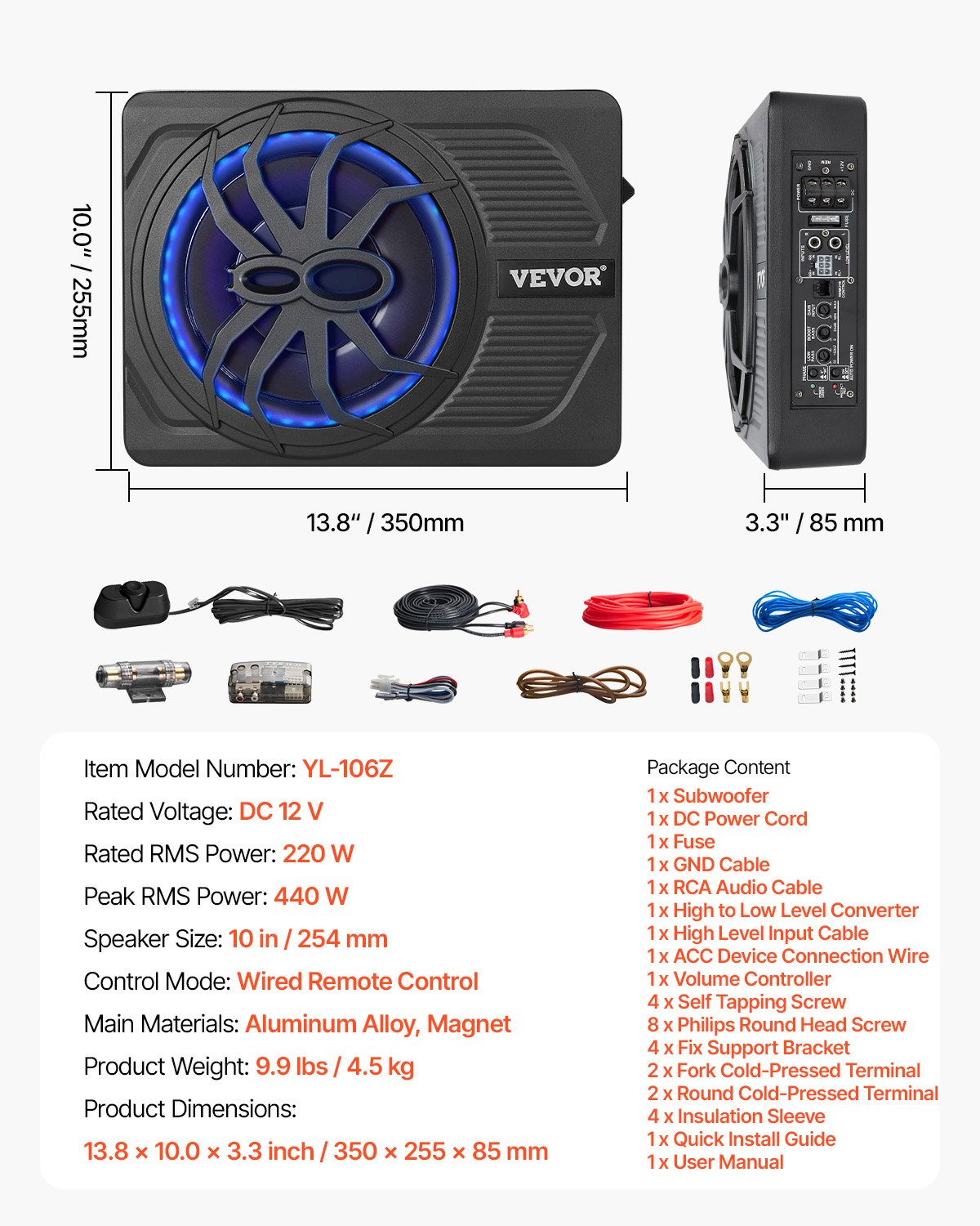 VEVOR 10" 440W Under Seat Car Subwoofer with Blue Ambient Light Subwoofer System