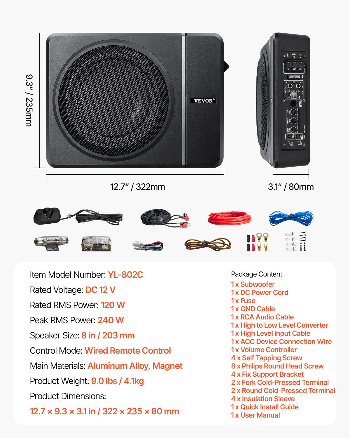 VEVOR 8" 240W Under Seat Car Subwoofer Slim Powered Car/Truck Subwoofer System