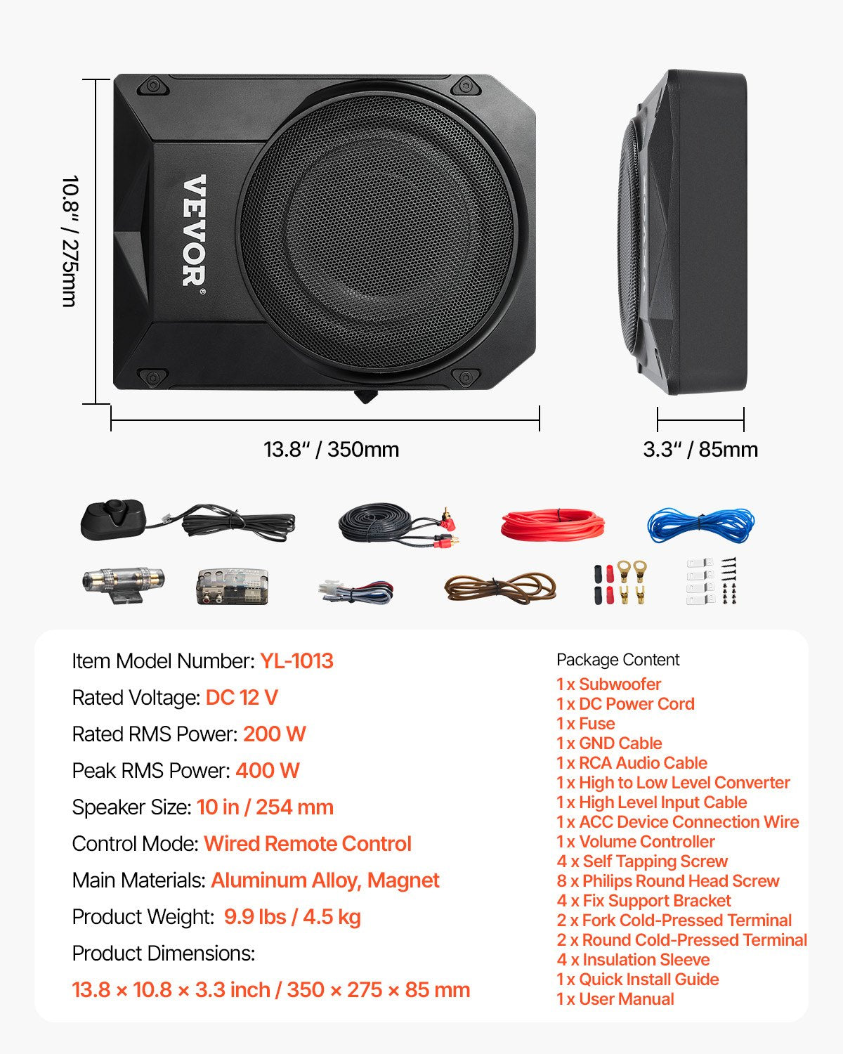 VEVOR 10" 400W Under Seat Car Subwoofer Slim Powered Car/Truck Subwoofer System