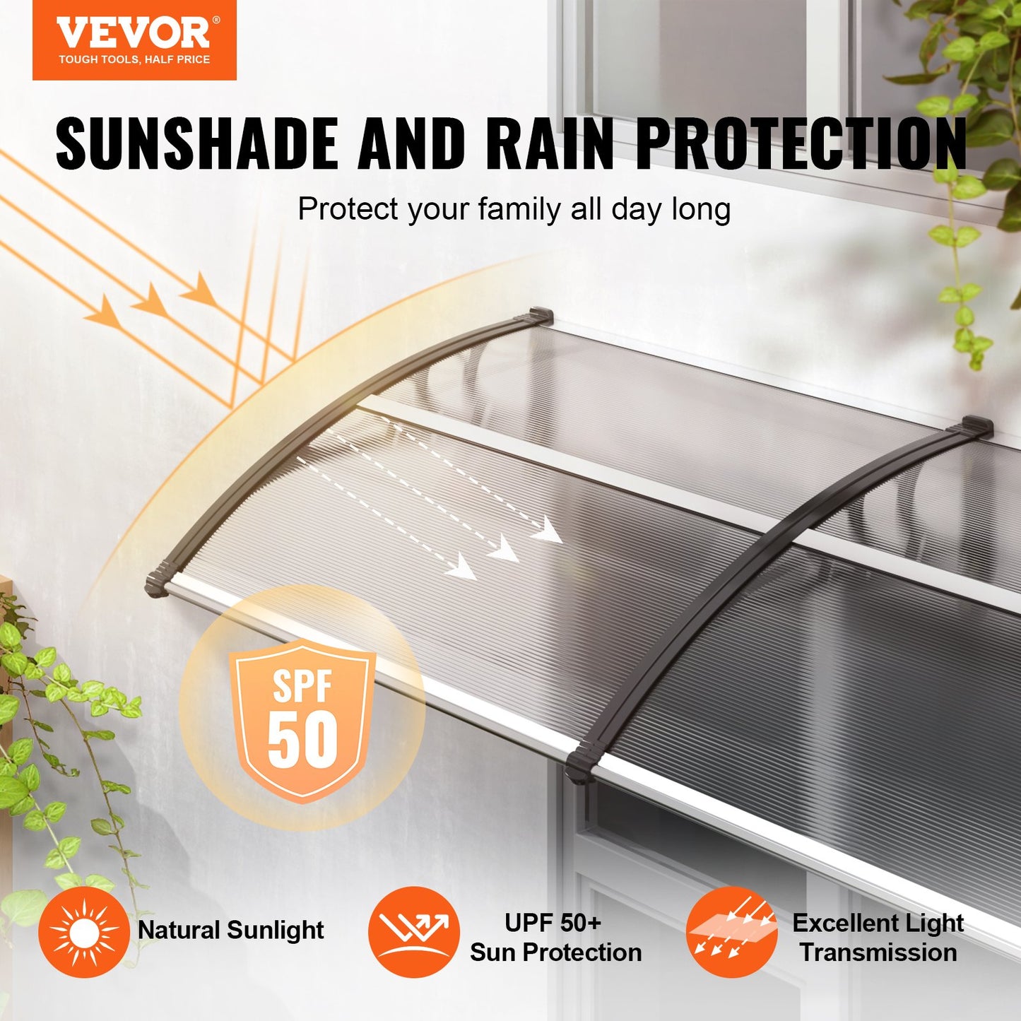 VEVOR Window Door Awning Canopy, 965 x 2975mm Door Canopy Exterior, UF50+ PC Sunshade