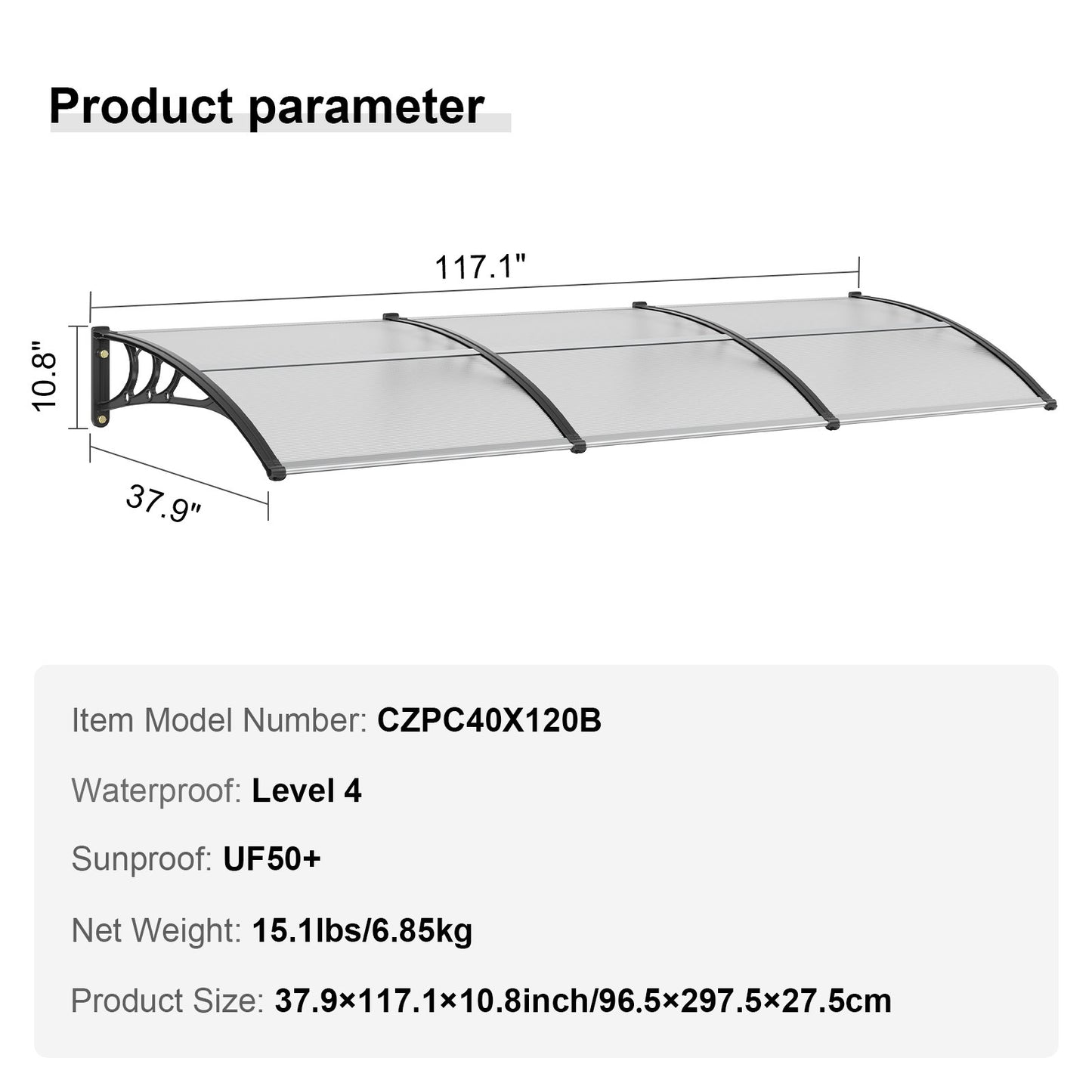 VEVOR Window Door Awning Canopy, 965 x 2975mm Door Canopy Exterior, UF50+ PC Sunshade