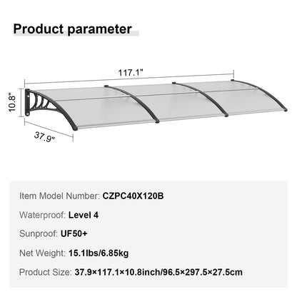 VEVOR Window Door Awning Canopy, 965 x 2975mm Door Canopy Exterior, UF50+ PC Sunshade