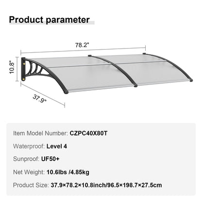 Polycarbonate Awning Canopy 0.97 x 1.99m - UV, Rain & Snow Protection