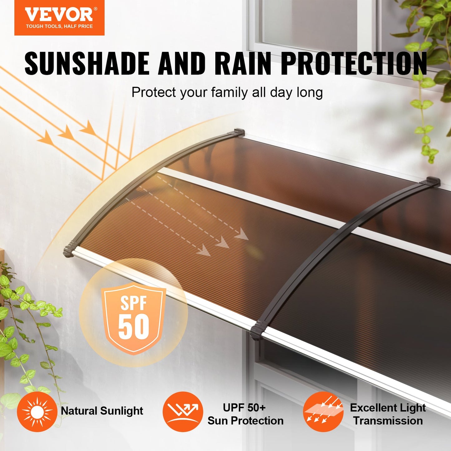 VEVOR Window Door Awning Canopy 965 x 2975 mm, UPF 50+ Polycarbonate Entry Door