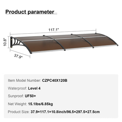 Polycarbonate Awning Canopy 0.97 x 2.98 m for Doors & Windows, UV & Rain Protection