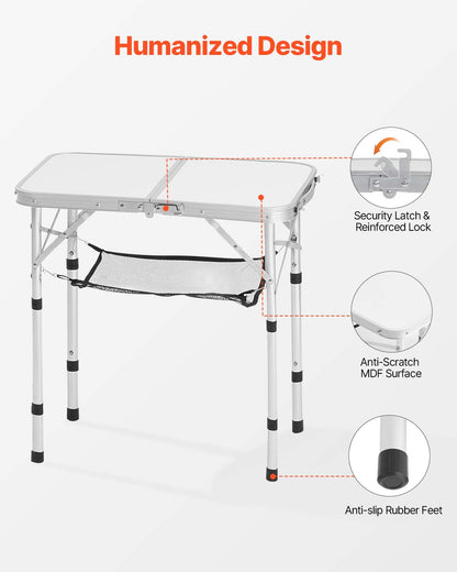 Folding Camping Table, Adjustable Height Portable Side Tables, Aluminum MDF Beach Table with Mesh Layer, Carrying Handle, Lightweight Compact for Outdoor Picnic BBQ Cooking, 24x16in, Silver