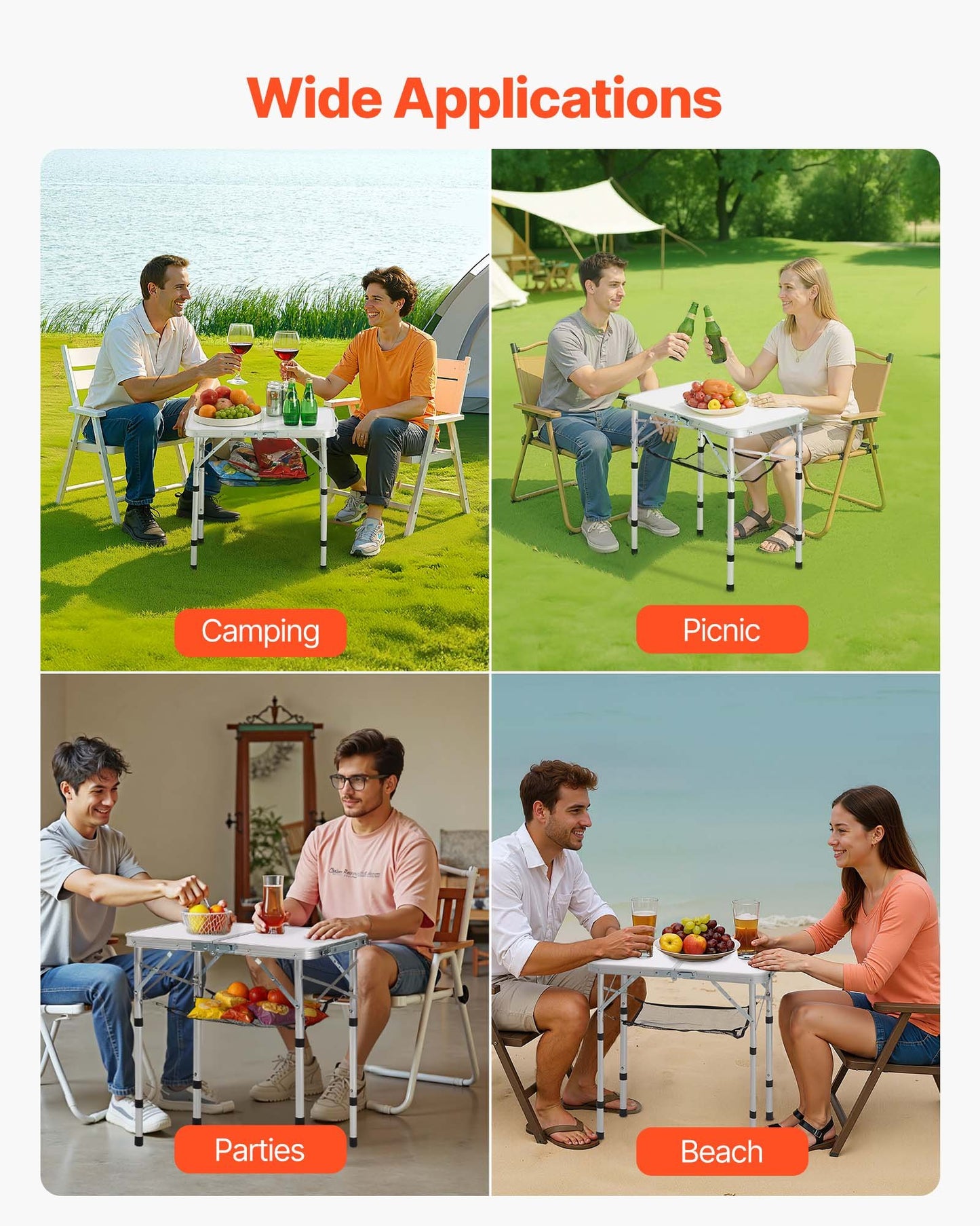 Folding Camping Table, Adjustable Height Portable Side Tables, Aluminum MDF Beach Table with Mesh Layer, Carrying Handle, Lightweight Compact for Outdoor Picnic BBQ Cooking, 24x16in, Silver