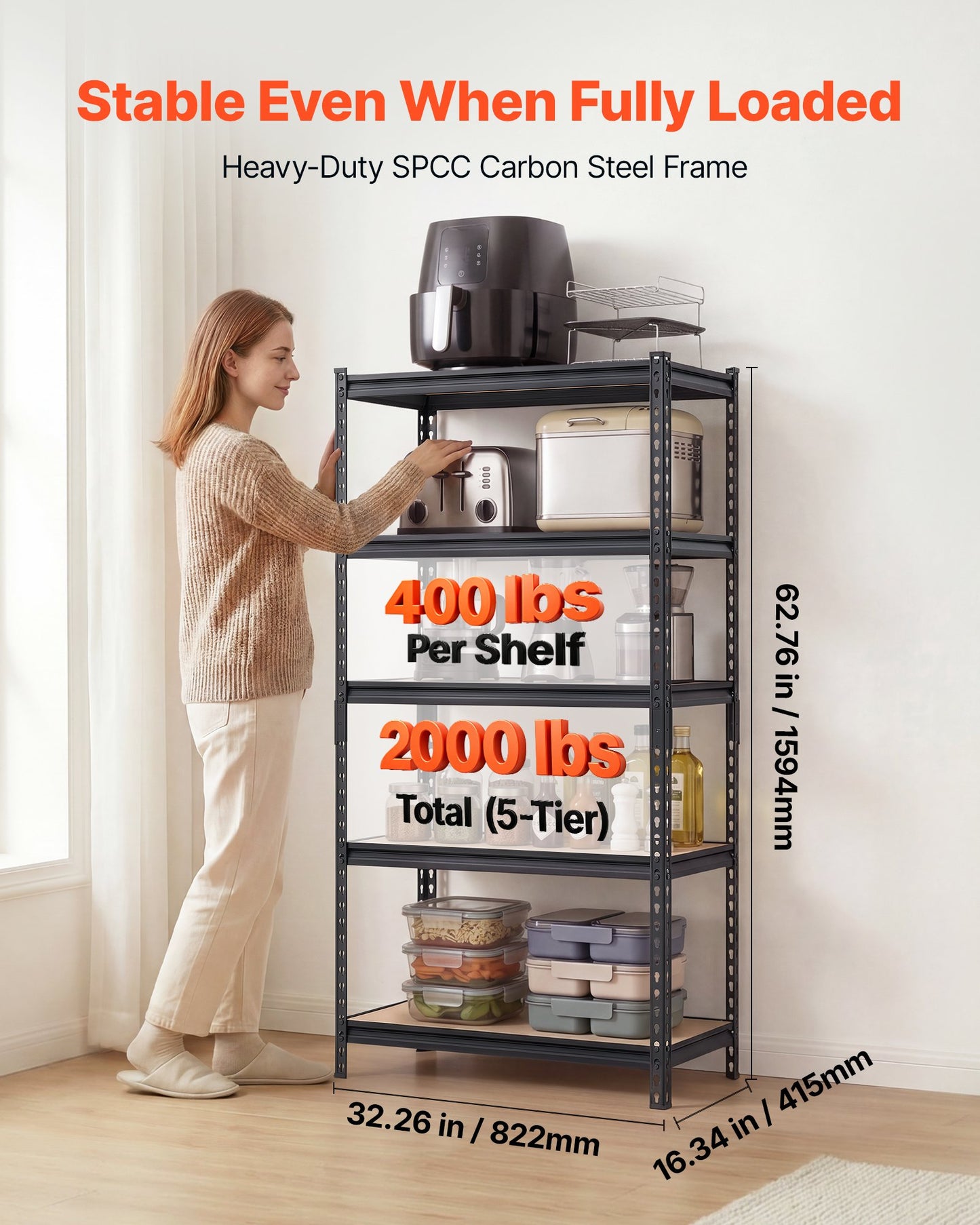 Storage Shelves, 5-Tier Adjustable, 907.2 kg Capacity, Heavy Duty Garage Storage Shelving Unit, Metal Utility Rack Shelf, for Kitchen Pantry Basement Bathroom, 822 mm W x 415 mm D x 1594 mm H