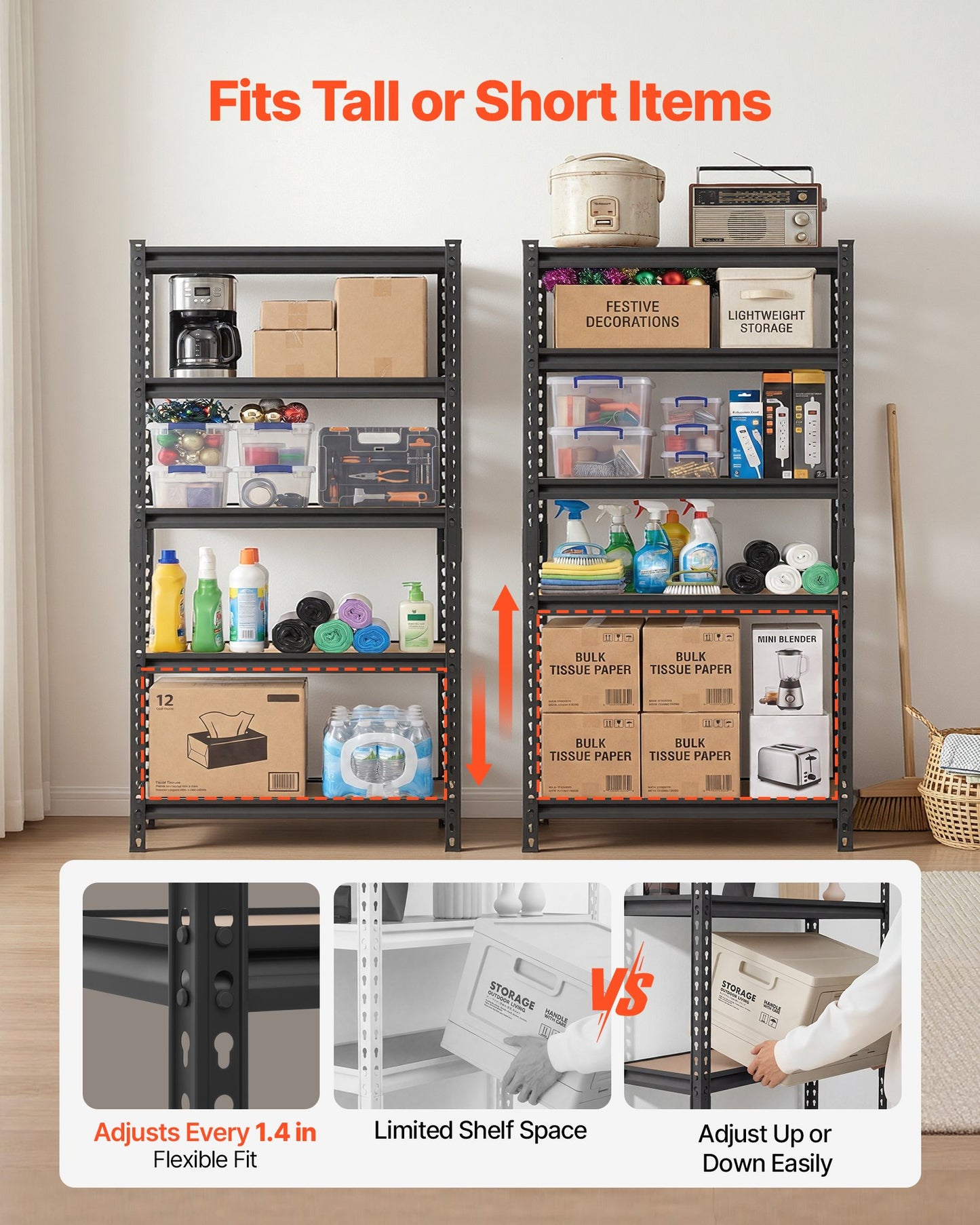 Storage Shelves, 5-Tier Adjustable, 907.2 kg Capacity, Heavy Duty Garage Storage Shelving Unit, Metal Utility Rack Shelf, for Kitchen Pantry Basement Bathroom, 822 mm W x 415 mm D x 1594 mm H