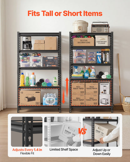 Storage Shelves, 5-Tier Adjustable, 907.2 kg Capacity, Heavy Duty Garage Storage Shelving Unit, Metal Utility Rack Shelf, for Kitchen Pantry Basement Bathroom, 822 mm W x 415 mm D x 1594 mm H