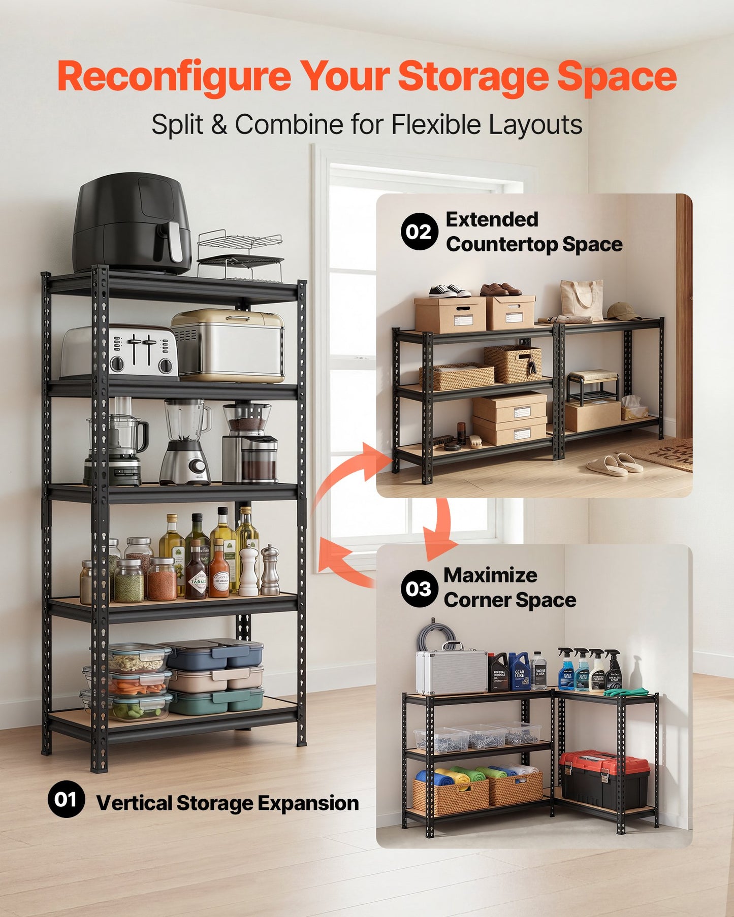 Storage Shelves, 5-Tier Adjustable, 907.2 kg Capacity, Heavy Duty Garage Storage Shelving Unit, Metal Utility Rack Shelf, for Kitchen Pantry Basement Bathroom, 822 mm W x 415 mm D x 1594 mm H