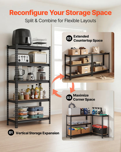 Storage Shelves, 5-Tier Adjustable, 907.2 kg Capacity, Heavy Duty Garage Storage Shelving Unit, Metal Utility Rack Shelf, for Kitchen Pantry Basement Bathroom, 822 mm W x 415 mm D x 1594 mm H