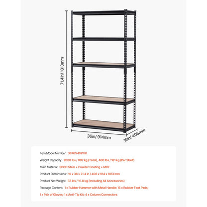 VEVOR Storage Shelves 406 x 914 x 1813 mm 5-tier Garage Storage Shelving