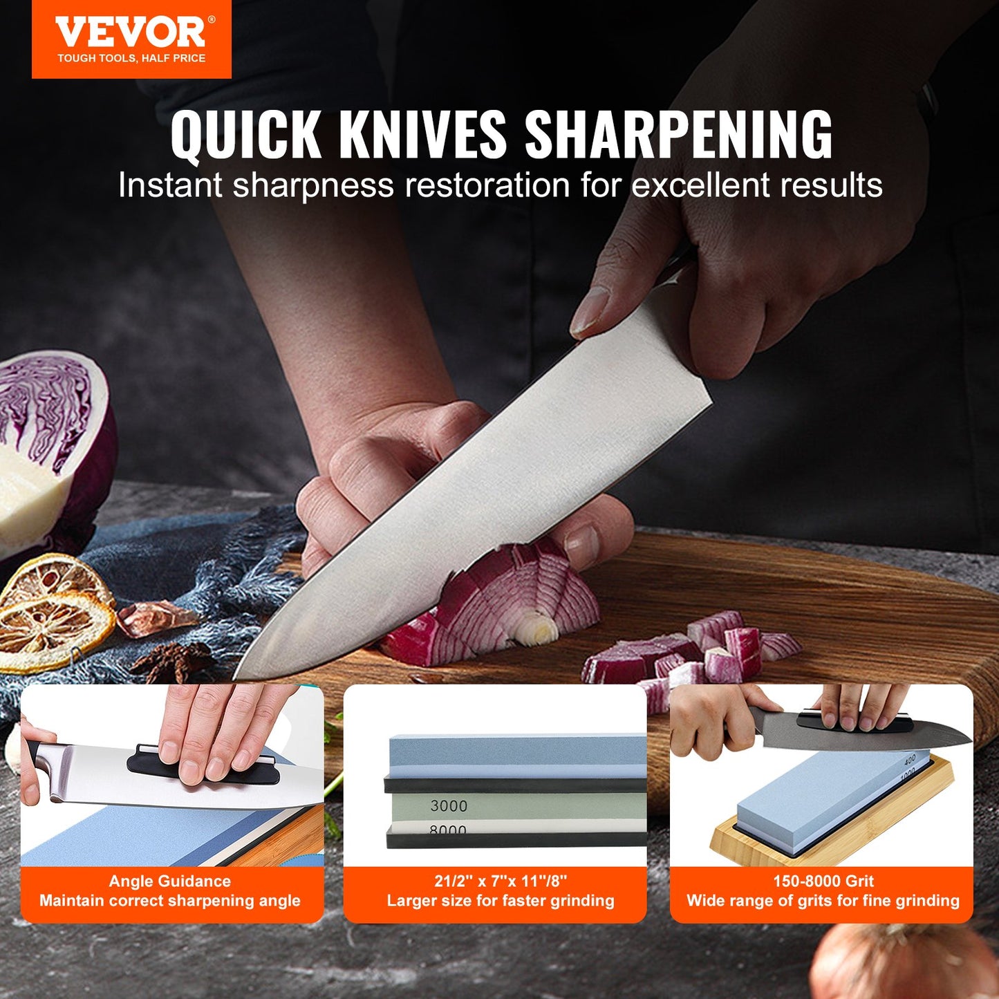 VEVOR Whetstone Knife Sharpening Kit, 2 Dual-Sided Grit Whetstones 400/1000 3000/8000,