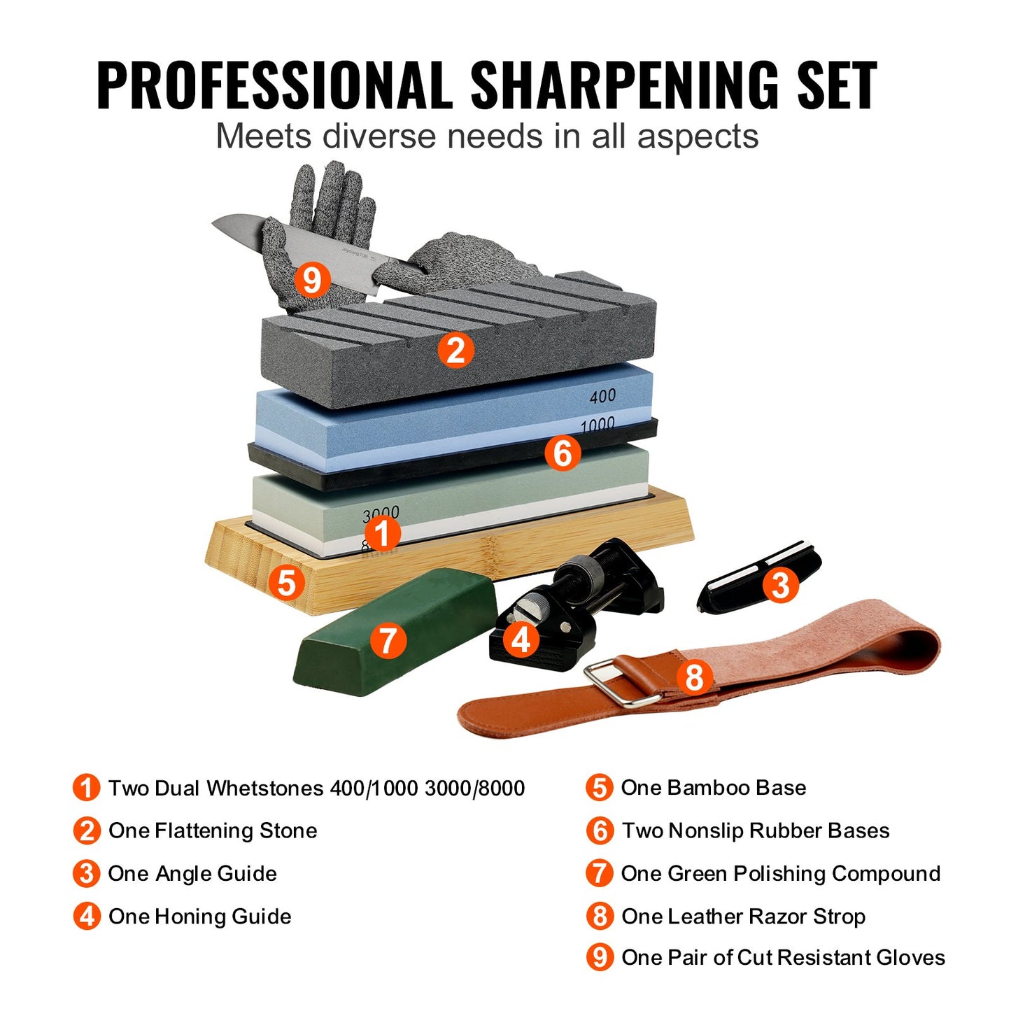 VEVOR Whetstone Knife Sharpening Kit, 2 Dual-Sided Grit Whetstones 400/1000 3000/8000,
