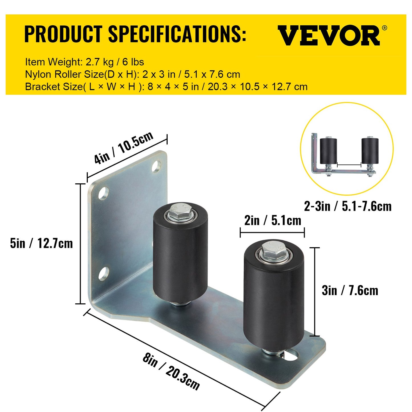 VEVOR Gate Roller Guide Gate Roller w/90° Bracket 3” Black Nylon Roller-2Pack