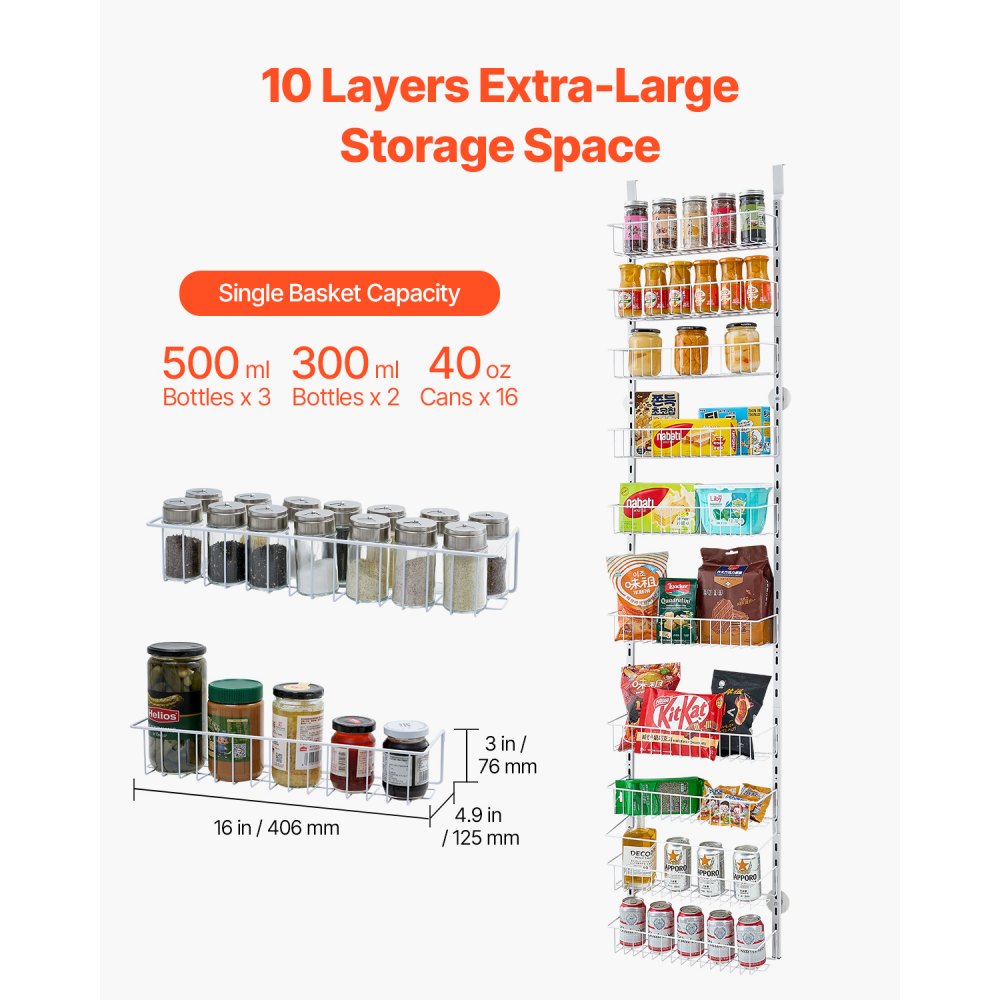 VEVOR 10-Tier Over the Door Pantry Organizer Hanging Storage Rack Adjustable