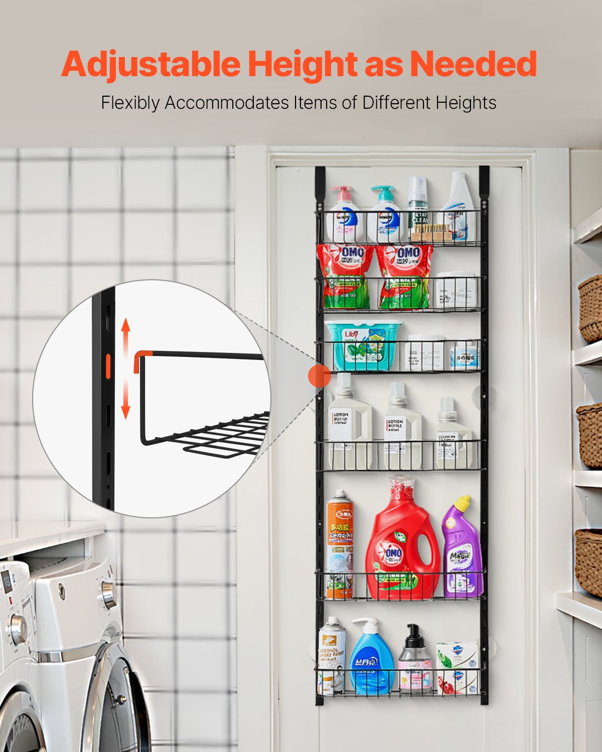 Over the Door Pantry Organizer, 6-Tier Pantry Organization and Storage, Heavy-Duty Steel Hanging Spice Rack, Adjustable Wall Seasoning Shelves, for Home Kitchen Laundry Room Bathroom, Black