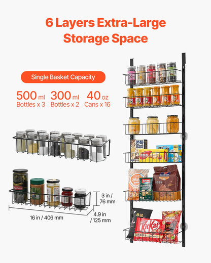 Over the Door Pantry Organizer, 6-Tier Pantry Organization and Storage, Heavy-Duty Steel Hanging Spice Rack, Adjustable Wall Seasoning Shelves, for Home Kitchen Laundry Room Bathroom, Black