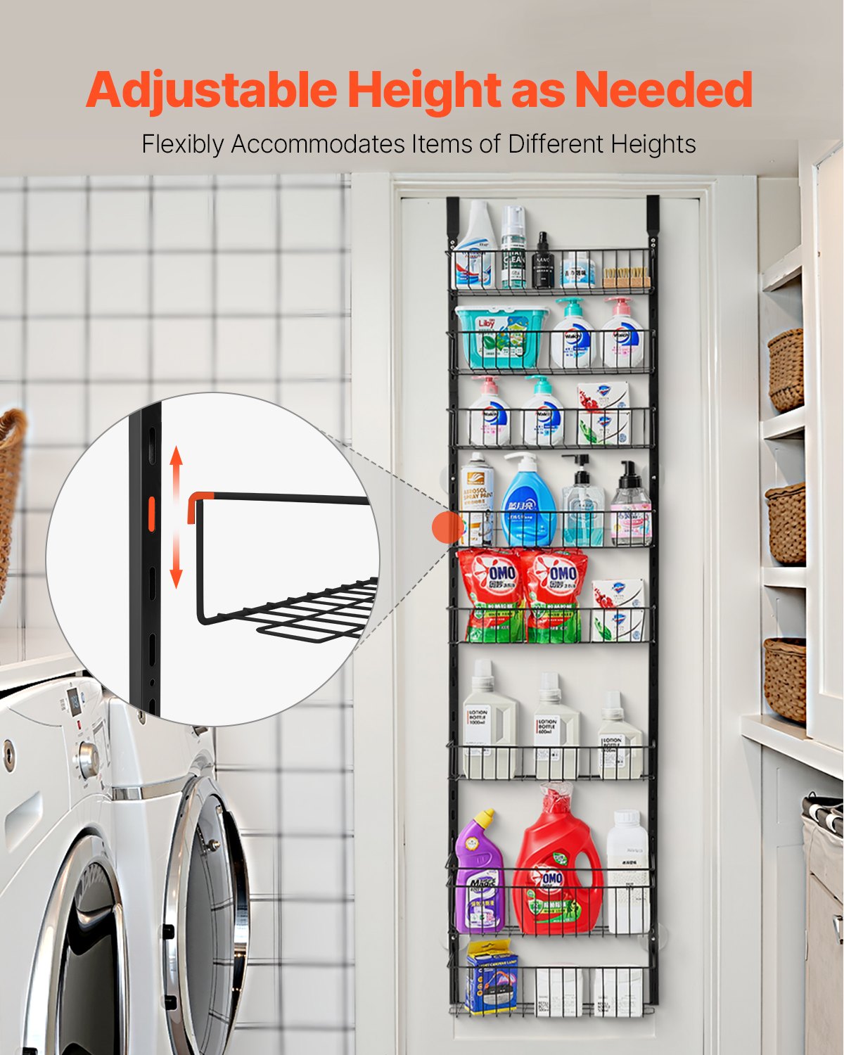 Over the Door Pantry Organizer, 8-Tier Pantry Organization and Storage, Heavy-Duty Steel Hanging Spice Rack, Adjustable Wall Seasoning Shelves, for Home Kitchen Laundry Room Bathroom, Black