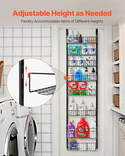 Over the Door Pantry Organizer, 8-Tier Pantry Organization and Storage, Heavy-Duty Steel Hanging Spice Rack, Adjustable Wall Seasoning Shelves, for Home Kitchen Laundry Room Bathroom, Black