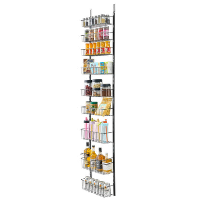 Over the Door Pantry Organizer, 9-Tier Pantry Organization and Storage, Heavy-Duty Steel Hanging Spice Rack, Adjustable Wall Seasoning Shelves, for Home Kitchen Laundry Room Bathroom, Black