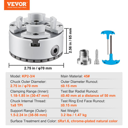 VEVOR KP2-3/4 Lathe Chuck, 4-Jaw 70 mm Diameter, Metal Lathe Chuck Turning Machine