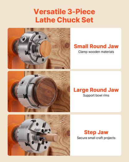 4 Inch Wood Lathe Chuck, 4-Jaw, Self-Centering Wood Turning Chuck Set with 1" x 8TPI Thread & Adapter, Round Jaws, Step Jaws, Thickened Nickel-Plated, High-Hardness Steel, for Woodworking Lathe