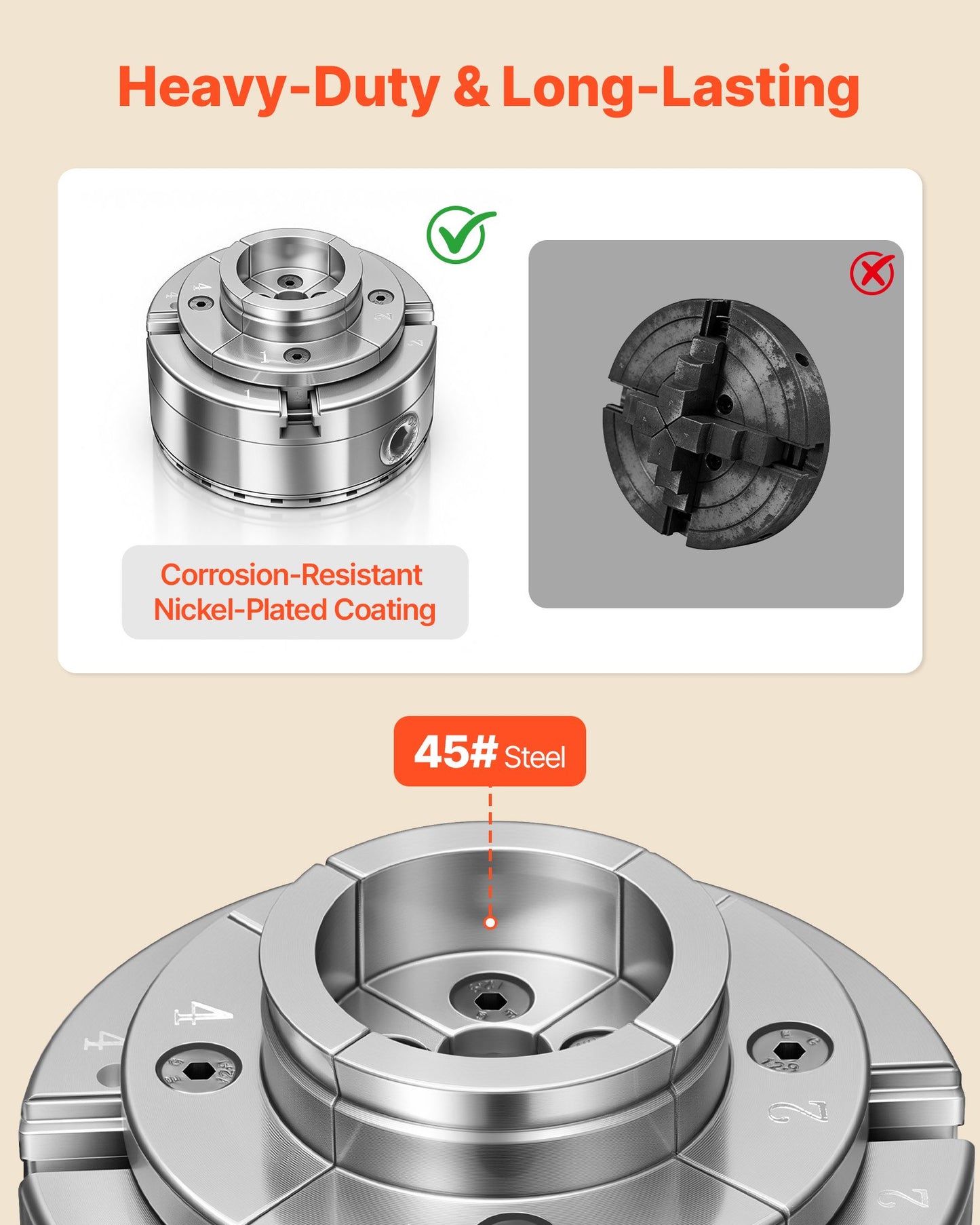 4 Inch Wood Lathe Chuck, 4-Jaw, Self-Centering Wood Turning Chuck Set with 1" x 8TPI Thread & Adapter, Round Jaws, Step Jaws, Thickened Nickel-Plated, High-Hardness Steel, for Woodworking Lathe