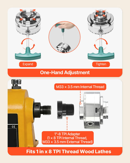 4 Inch Wood Lathe Chuck, 4-Jaw, Self-Centering Wood Turning Chuck Set with 1" x 8TPI Thread & Adapter, Round Jaws, Step Jaws, Thickened Nickel-Plated, High-Hardness Steel, for Woodworking Lathe